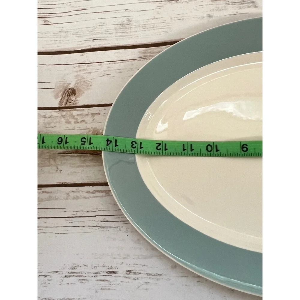 VTG MCM Serving Platter Green Cream Oval Ceramic Minimalist 14.5in
